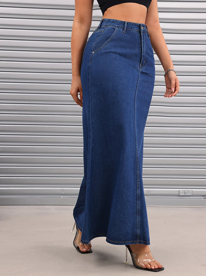 xieyinshe  Slant Pockets Casual Denim Maxi Skirt, Non-Stretch Versatile Denim Skirt, Women's Denim Clothing
