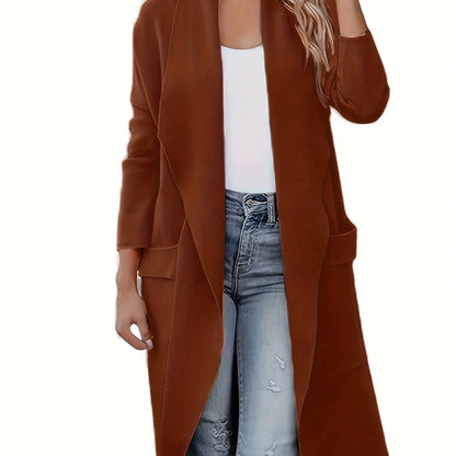 Solid Open Front Lapel Overcoat, Versatile Long Sleeve Patched Pockets Coat, Women's Clothing