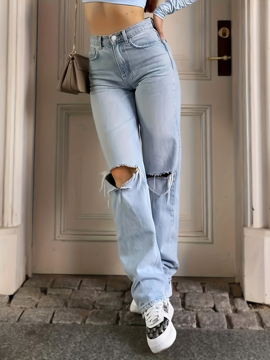 xieyinshe  Blue Ripped Holes Straight Jeans, Loose Fit Slant Pockets Non-Stretch Casual Denim Pants, Women's Denim Jeans & Clothing