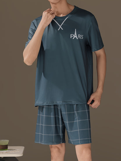 2 Pcs Mens Pajama Sets - Stylish Letter Pattern Short Sleeve T-Shirts & Soft Plaid Shorts, Gentle Style for Relaxed Fit, Ultra-Soft Fabric, Perfect for Mens Summer Lounging and Relaxation, Ideal Cozy Loungewear for Warm Weather