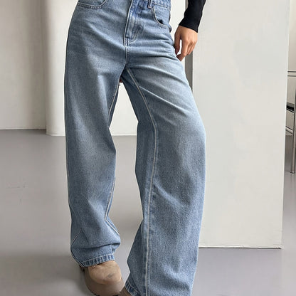 xieyinshe  Loose Fit Washed Straight Jeans, Slant Pockets Non-Stretch Casual Denim Pants, Women's Denim Jeans & Clothing