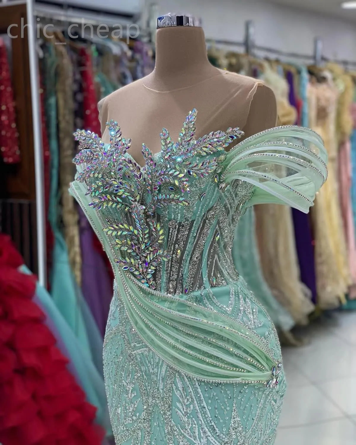 Aso Ebi Mint Mermaid Prom Dress Beaded Crystals Sequined Lace Evening Formal Party Second Reception Birthday Engagement Gowns Dresses Robe De Soiree ZJ78