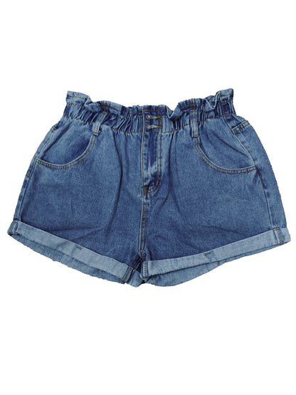 Relaxed Fit Denim Shorts - Comfortable Paper Bag Waist, Stylish Roll Up Hem, Secure Double Button Closure, Perfect for Casual Wear - Womens Denim Jeans & Clothing