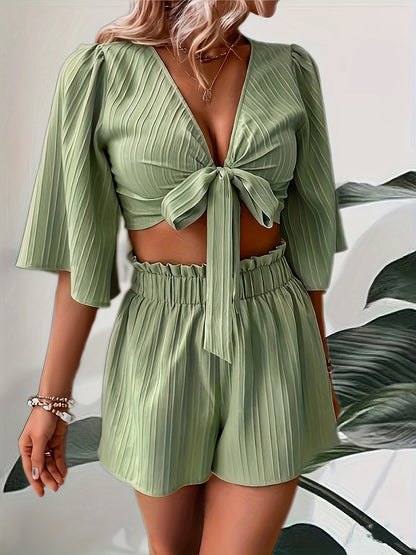 xieyinshe  Casual Solid Color Shorts Set, Knot Front Bell Sleeve Crop Top & Ruffle Trim High Waist Shorts Outfits, Women's Clothing