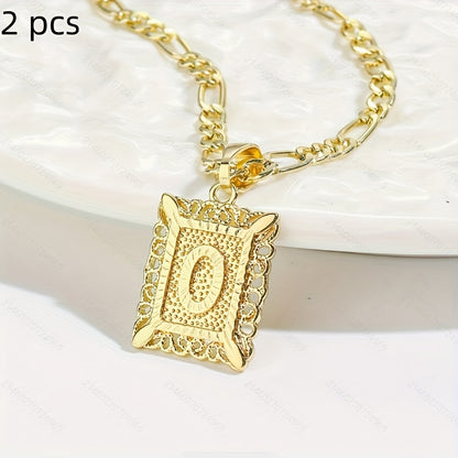 2 pcs Personalized Initial Letter Pendant Necklace - 18K Gold Plated Square Capital Monogram in Figaro Chain - Fashionable Alloy Necklace for Men and Women with A-Z Alphabet Options