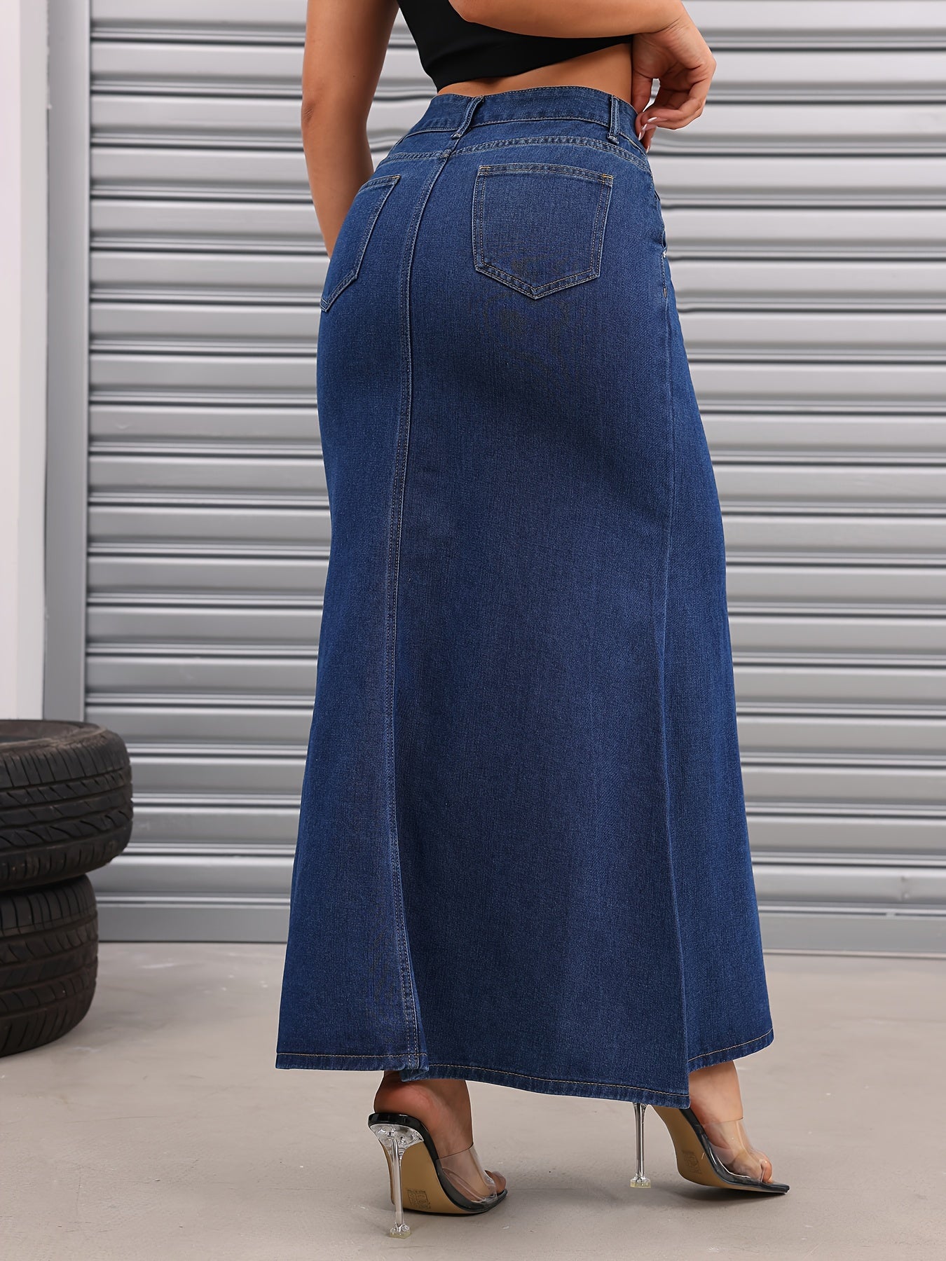 xieyinshe  Slant Pockets Casual Denim Maxi Skirt, Non-Stretch Versatile Denim Skirt, Women's Denim Clothing