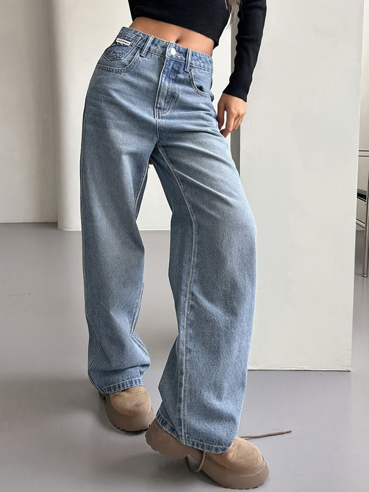 xieyinshe  Loose Fit Washed Straight Jeans, Slant Pockets Non-Stretch Casual Denim Pants, Women's Denim Jeans & Clothing