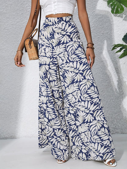 xieyinshe  Boho Plants Print Pants, Casual High Waist Elastic Wide Leg Summer Beach Palazzo Pants, Women's Clothing