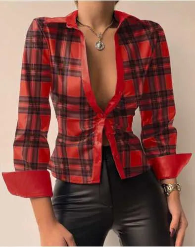 Women's Blouses Shirts  New Fashion Popular Spring Long Sleeve V-Neck PU Leather Splice Women's Shirt Women Y2303