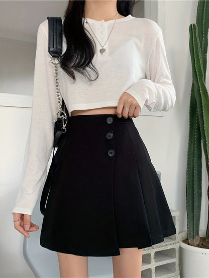 Preppy Button Front Pleated Hem Skirt, Casual Above Knee Skirt For Spring & Summer, Women's Clothing