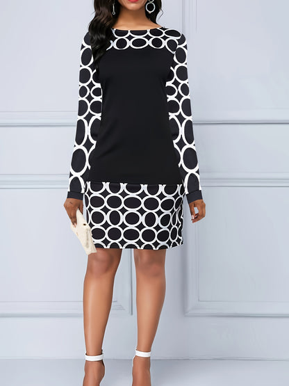 Geo Print Long Sleeve Dress, Elegant Boat Neck Mini Dress, Women's Clothing