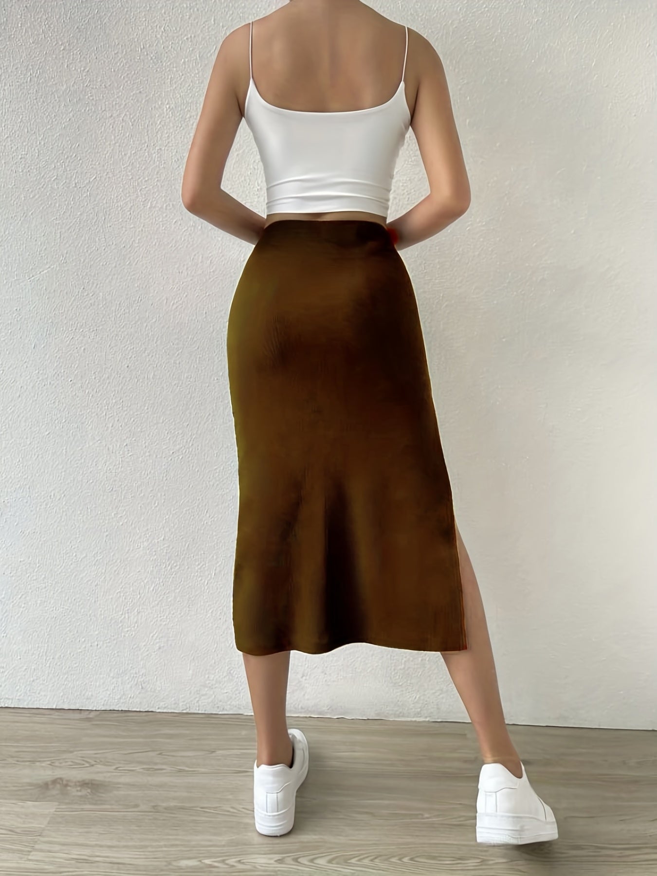 xieyinshe  Solid Split Skirts, Casual Versatile High Waist Midi Skirts, Women's Clothing