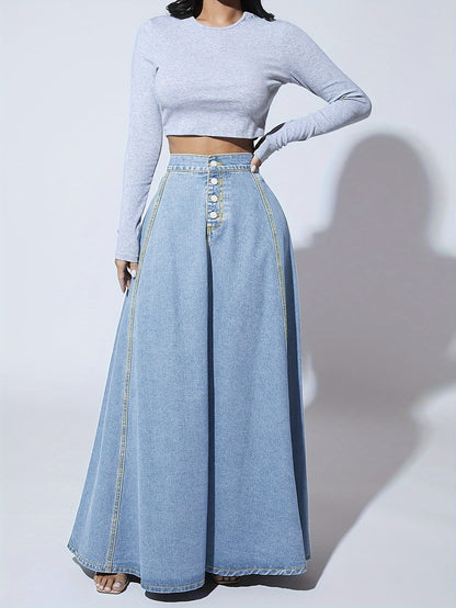 xieyinshe Single-Breasted Plain Maix Flare Denim Skirt, High Rise Washed Blue Retro Denim Skirt, Women's Denim Jeans & Clothing