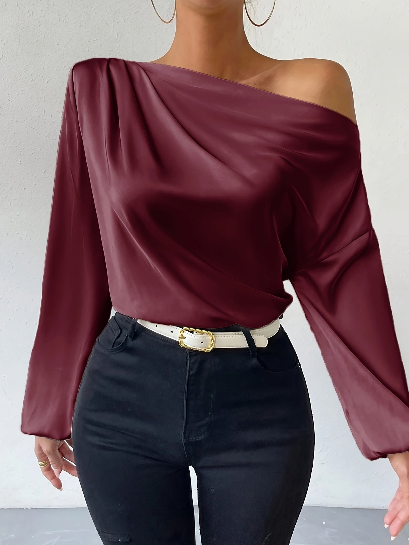 xieyinshe  Solid One-shoulder Skew Neck Blouse, Elegant Long Sleeve Blouse For Spring & Fall, Women's Clothing