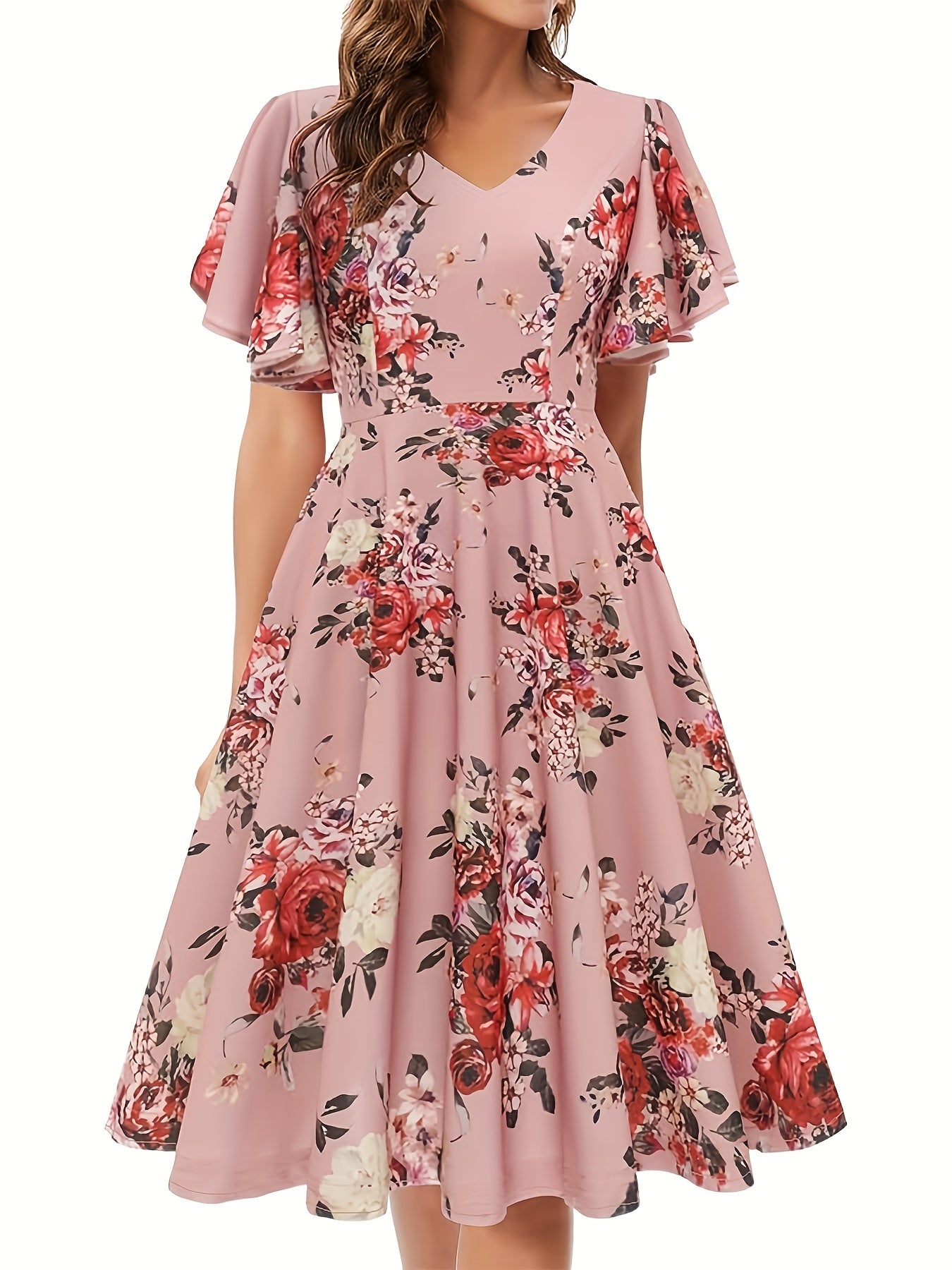 xieyinshe Floral Print Flutter Sleeve Dress, Casual V-neck Dress For Spring & Summer, Women's Clothing