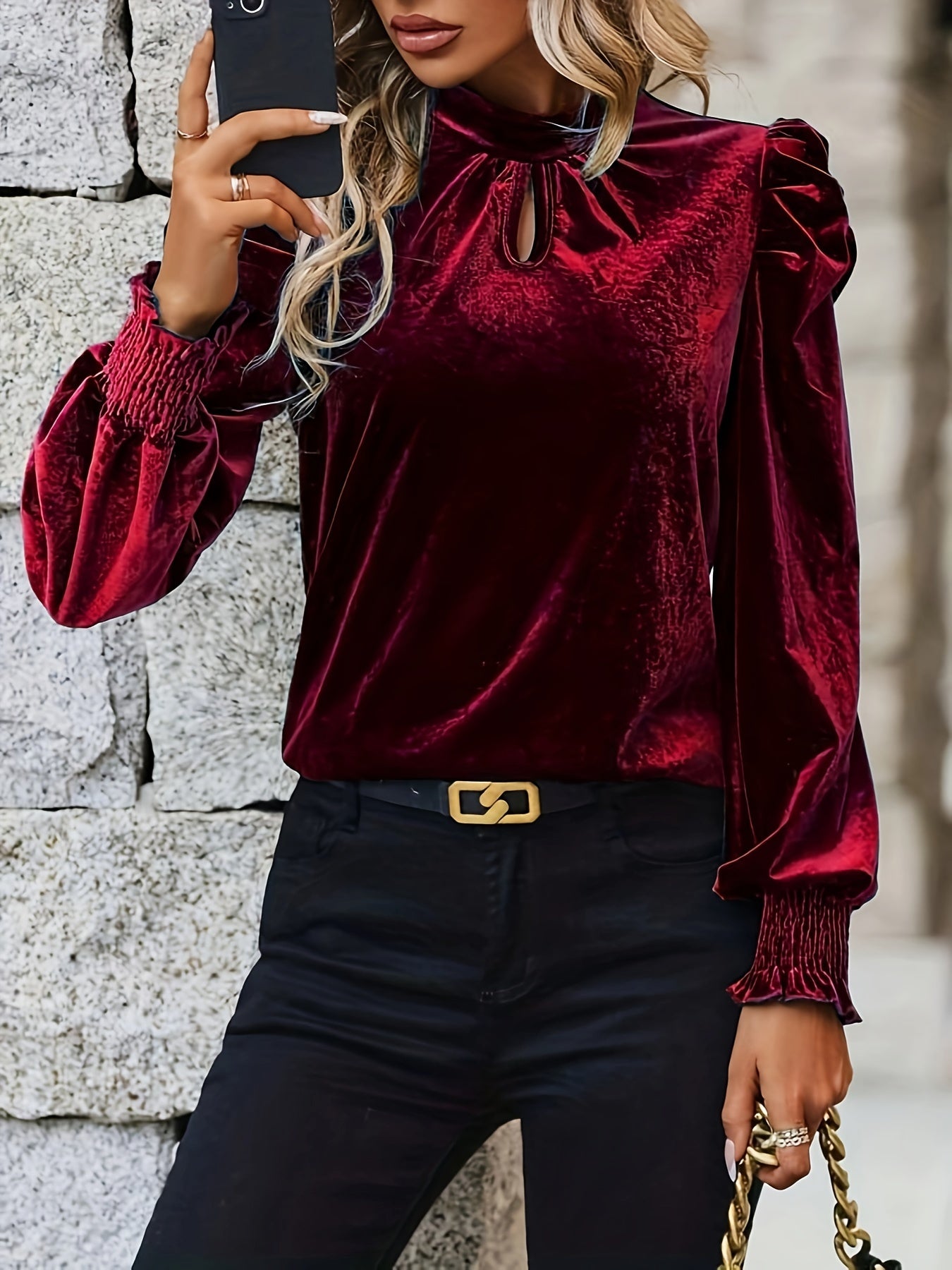 xieyinshe Velvet Mock Neck Blouse, Elegant Long Sleeve Blouse For Spring & Fall, Women's Clothing