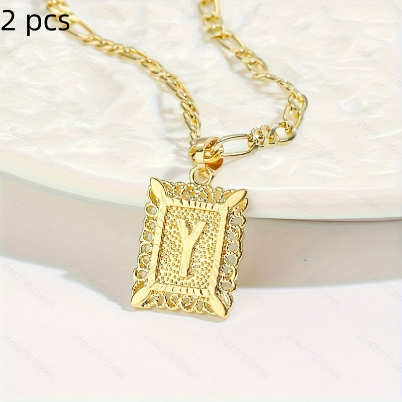 2 pcs Personalized Initial Letter Pendant Necklace - 18K Gold Plated Square Capital Monogram in Figaro Chain - Fashionable Alloy Necklace for Men and Women with A-Z Alphabet Options