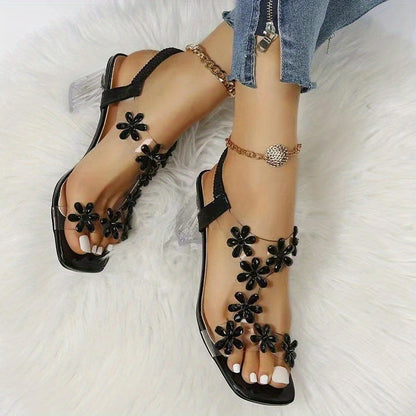 xieyinshe  Women's Flower Rhinestone Decor Sandals, Square Toe Elastic Band Transparent Chunky Heels, Fashion Going Out Summer Sandals