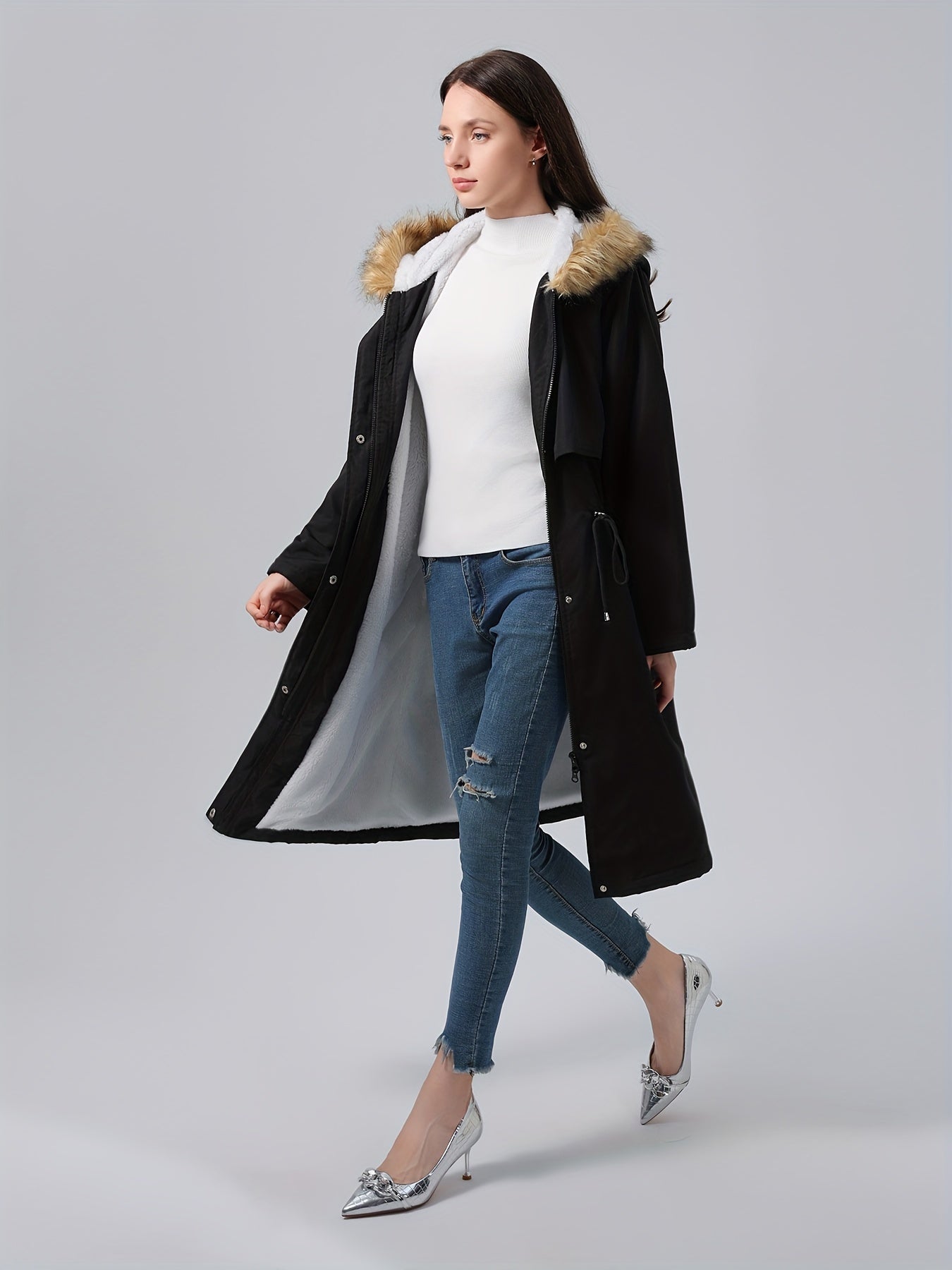 xieyinshe  Plus Size Plush Lined Coat, Casual Long Sleeve Hooded Warm Coat For Winter, Women's Plus Size Clothing