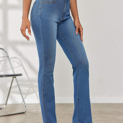 xieyinshe  Blue High Stretch Bootcut Jeans, Slant Pockets Washed Casual Denim Pants, Women's Denim Jeans & Clothing