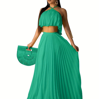 xieyinshe  Solid Pleated Two-piece Set, Spaghetti Sleeveless Top & High Waist Maxi Skirts Outfits, Women's Clothing