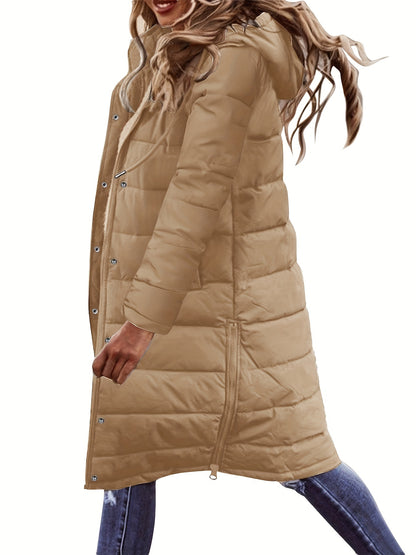 Button Front Hoodie Puffy Coat, Casual Long Sleeve Warm Outwear For Winter, Women's Clothing