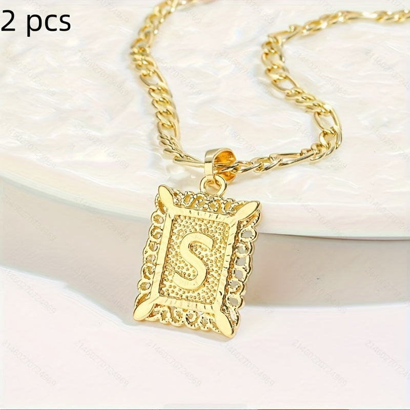 2 pcs Personalized Initial Letter Pendant Necklace - 18K Gold Plated Square Capital Monogram in Figaro Chain - Fashionable Alloy Necklace for Men and Women with A-Z Alphabet Options