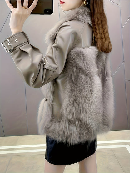 Fluffy Trim Solid Coat, Casual Zip Up Long Sleeve Winter Outerwear, Women's Clothing