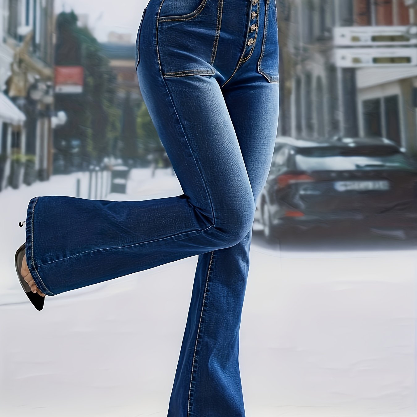 xieyinshe Single-breasted High Rise Flare Leg Jeans, Washed Slash Pocket Elegant Bell Bottom Denim Pants, Women's Denim Jeans & Clothing