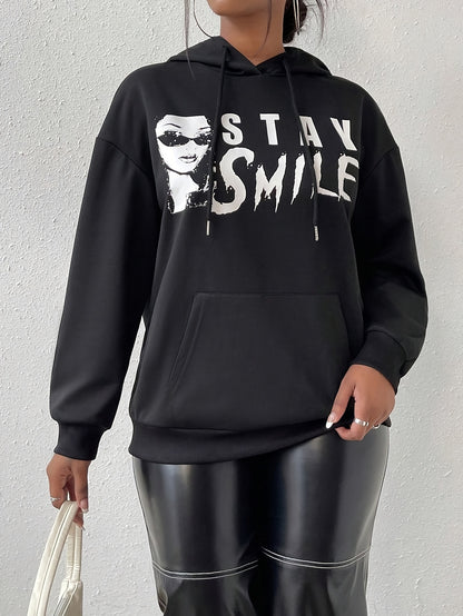 Portrait & Letter Print Drawstring Hoodie, Casual Long Sleeve Dop Shoulder Hoodie, Women's Clothing