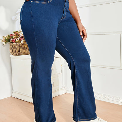 xieyinshe  Plus Size Casual Jeans, Women's Plus Solid Button Fly High Rise High Stretch Flared Leg Jeans