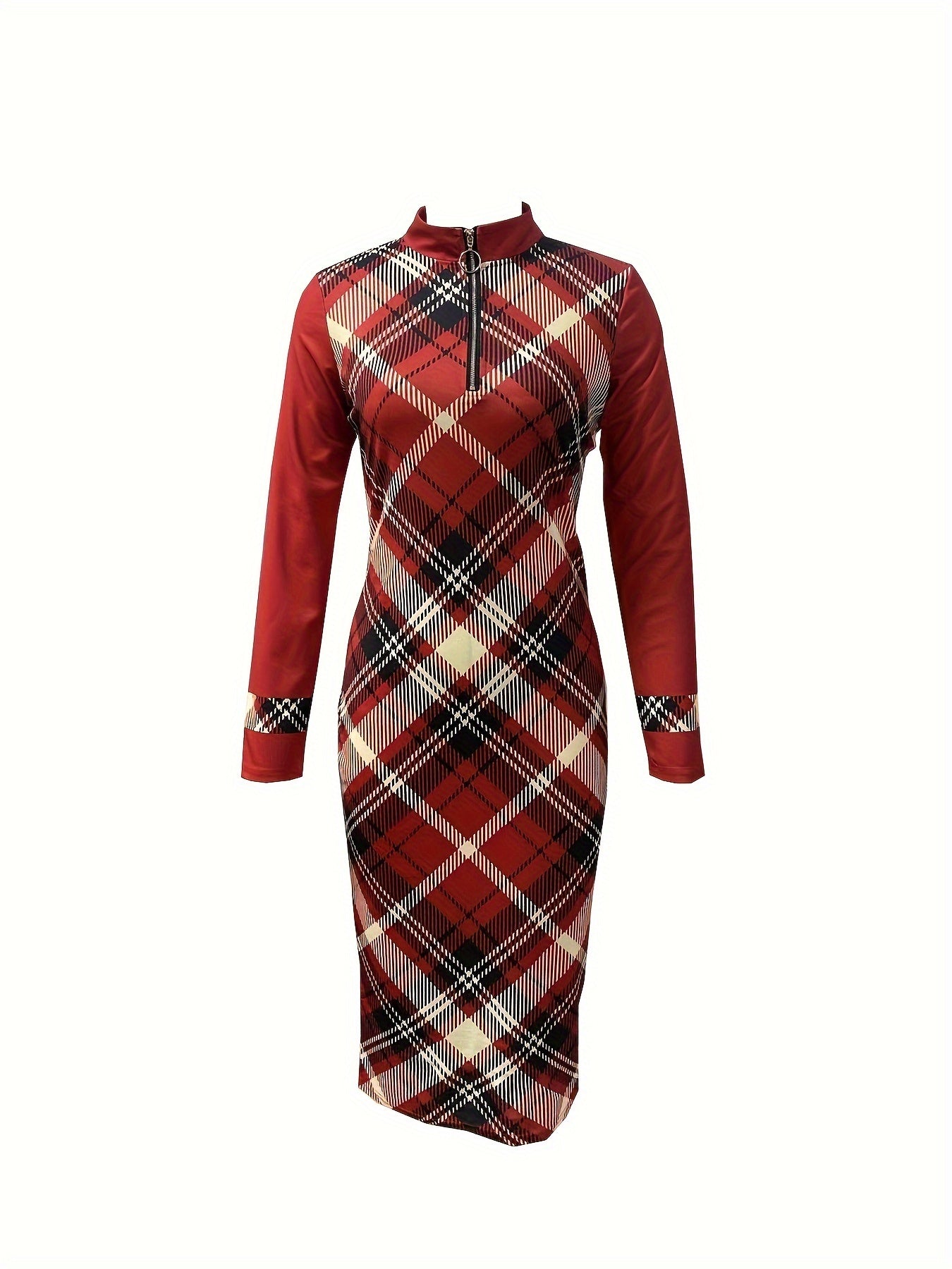 xieyinshe  Plaid Print Zipper Slim Dress, Elegant Long Sleeve Bodycon Dress For Spring & Fall, Women's Clothing