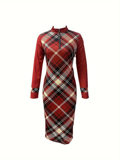 xieyinshe  Plaid Print Zipper Slim Dress, Elegant Long Sleeve Bodycon Dress For Spring & Fall, Women's Clothing