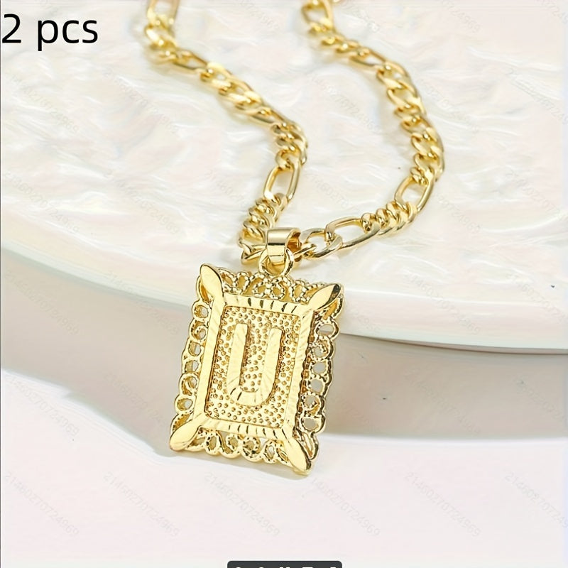 2 pcs Personalized Initial Letter Pendant Necklace - 18K Gold Plated Square Capital Monogram in Figaro Chain - Fashionable Alloy Necklace for Men and Women with A-Z Alphabet Options