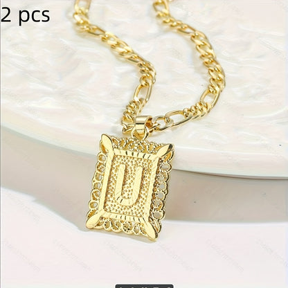 2 pcs Personalized Initial Letter Pendant Necklace - 18K Gold Plated Square Capital Monogram in Figaro Chain - Fashionable Alloy Necklace for Men and Women with A-Z Alphabet Options