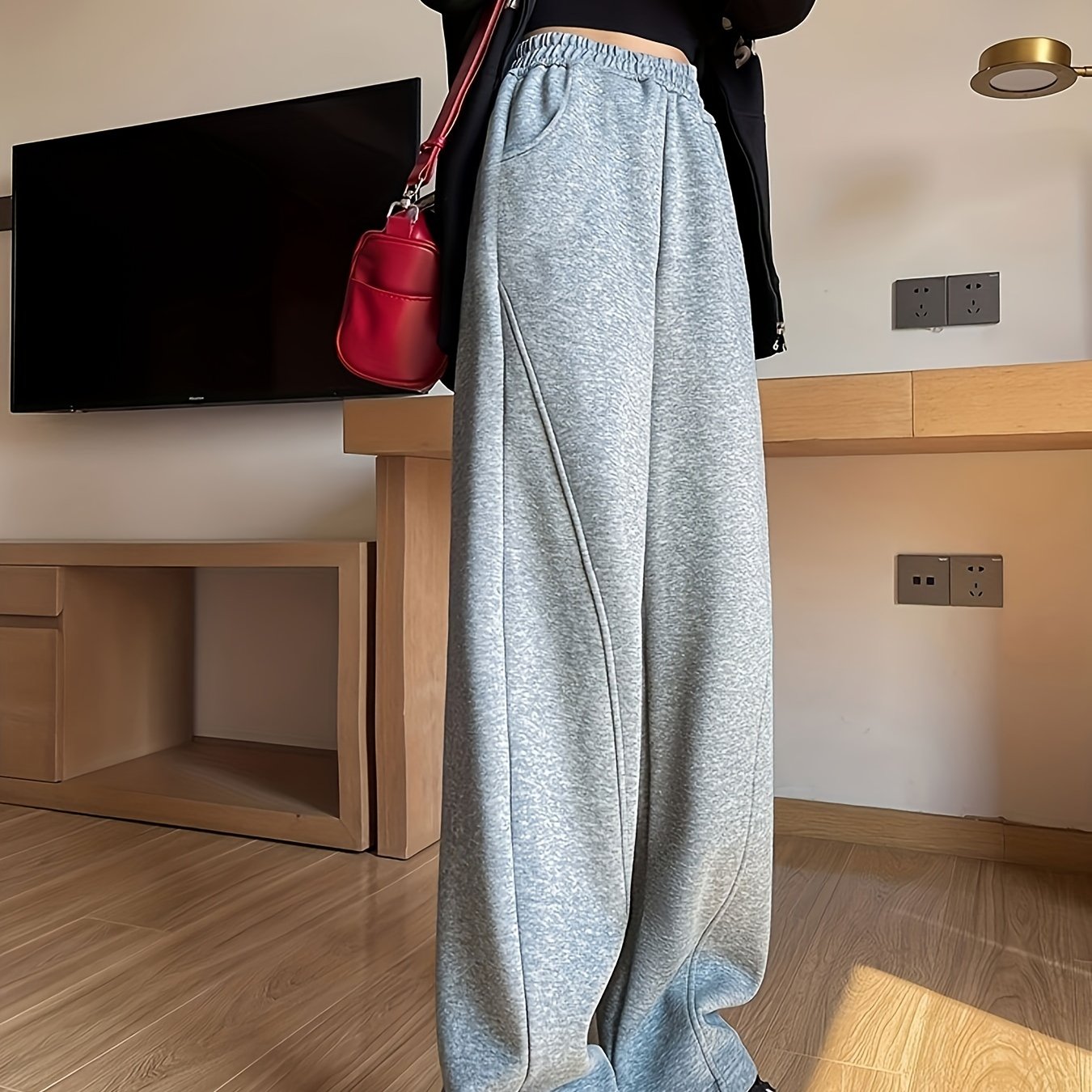 xieyinshe  Solid Elastic High Waist Sweatpants, Casual Sporty Wide Leg Pants With Pocket, Women's Clothing