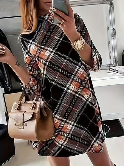 xieyinshe Plus Size Casual Dress, Women's Plus Plaid Print Half Sleeve Mock Neck Slight Stretch Mini Dress