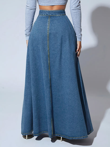 xieyinshe  Single-breasted Button Denim Midi Skirt, High Waist A-line Vintage Elegant Denim Skirts, Women's Denim Clothing