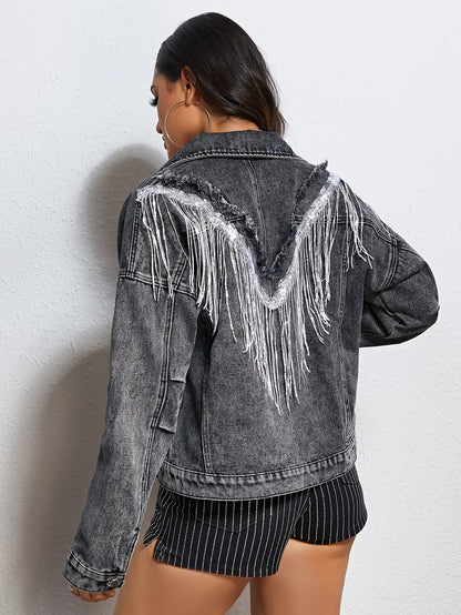 Light Blue Tassel Sequins Denim Jackets, Long Sleeve Flap Pockets Single-Breasted Button Loose Fit Denim Coats, Women's Denim Clothing