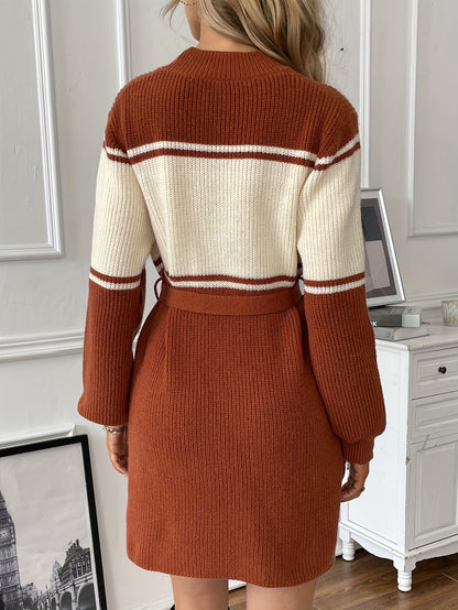 Color Block Sweater Dress, Casual Long Sleeve Simple Dress, Women's Clothing