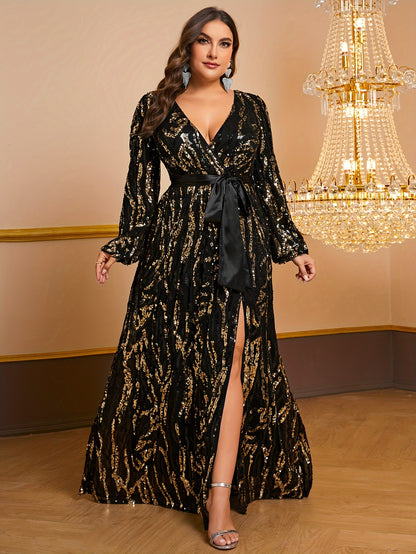 xieyinshe  Plus Size Sequin Belted Slit Dress, Elegant Surplice Neck Long Sleeve Dress For Party & Banquet, Women's Plus Size Clothing