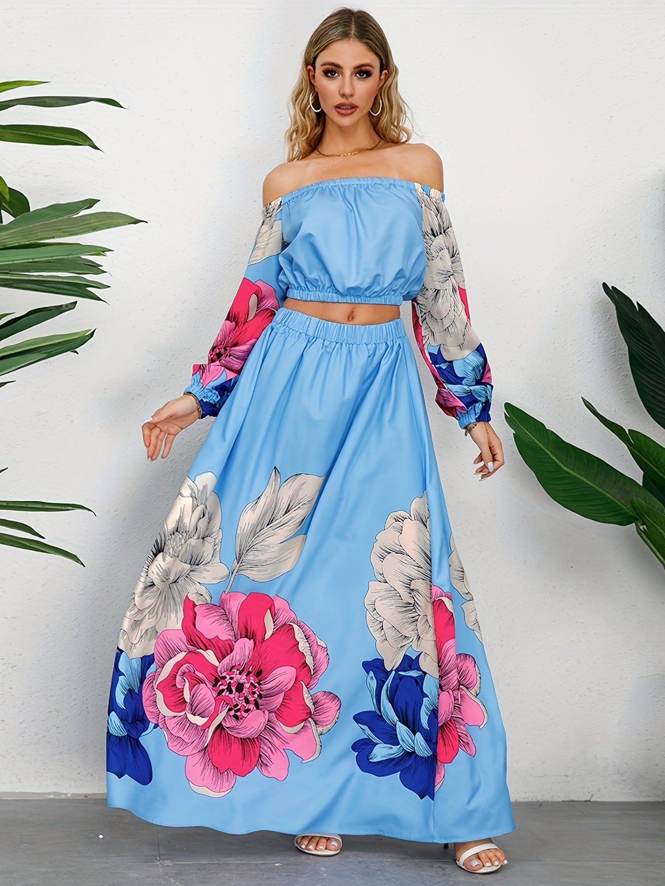 xieyinshe  Vintage Floral Print Two-piece Set, Off Shoulder Long Sleeve Tops & Maxi Skirts Outfits, Women's Clothing