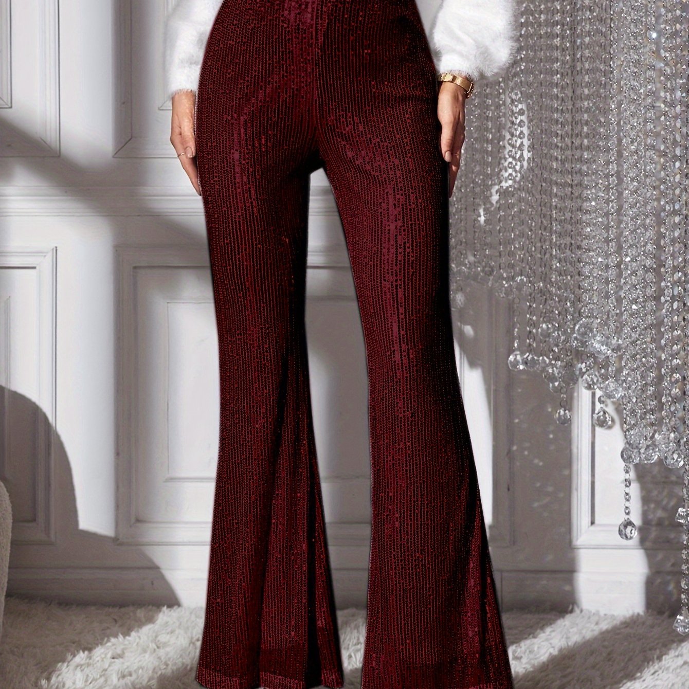 xieyinshe  Sequined Solid Flare Leg Pants, Elegant High Waist Fashion Pants, Women's Clothing