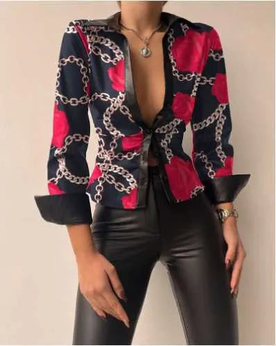 Women's Blouses Shirts  New Fashion Popular Spring Long Sleeve V-Neck PU Leather Splice Women's Shirt Women Y2303