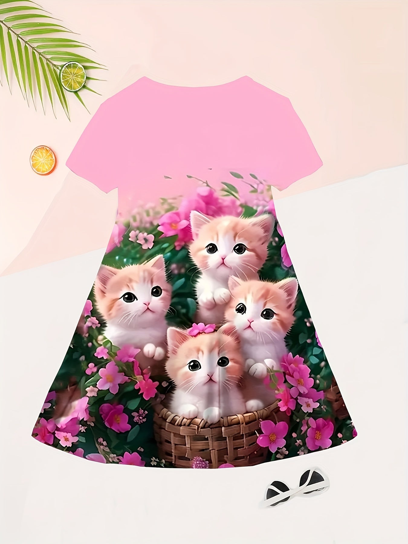 3D Cat Print Girls Dress - Short Sleeve Casual Crew Neck - Adorable Summer Fashion with Fun Prints - Comfortable & Lightweight, Perfect Gift for Little Fashionistas