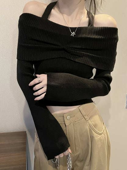 Solid Color Halter Neck Pullover Sweater, Casual Long Sleeve Off Shoulder Sweater For Fall & Winter, Women's Clothing
