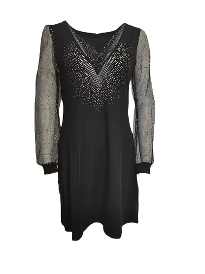 Solid Rhinestone V Neck Stitching Lace Dress, Casual Long Sleeve Loose Stylish Mini Dress, Women's Clothing