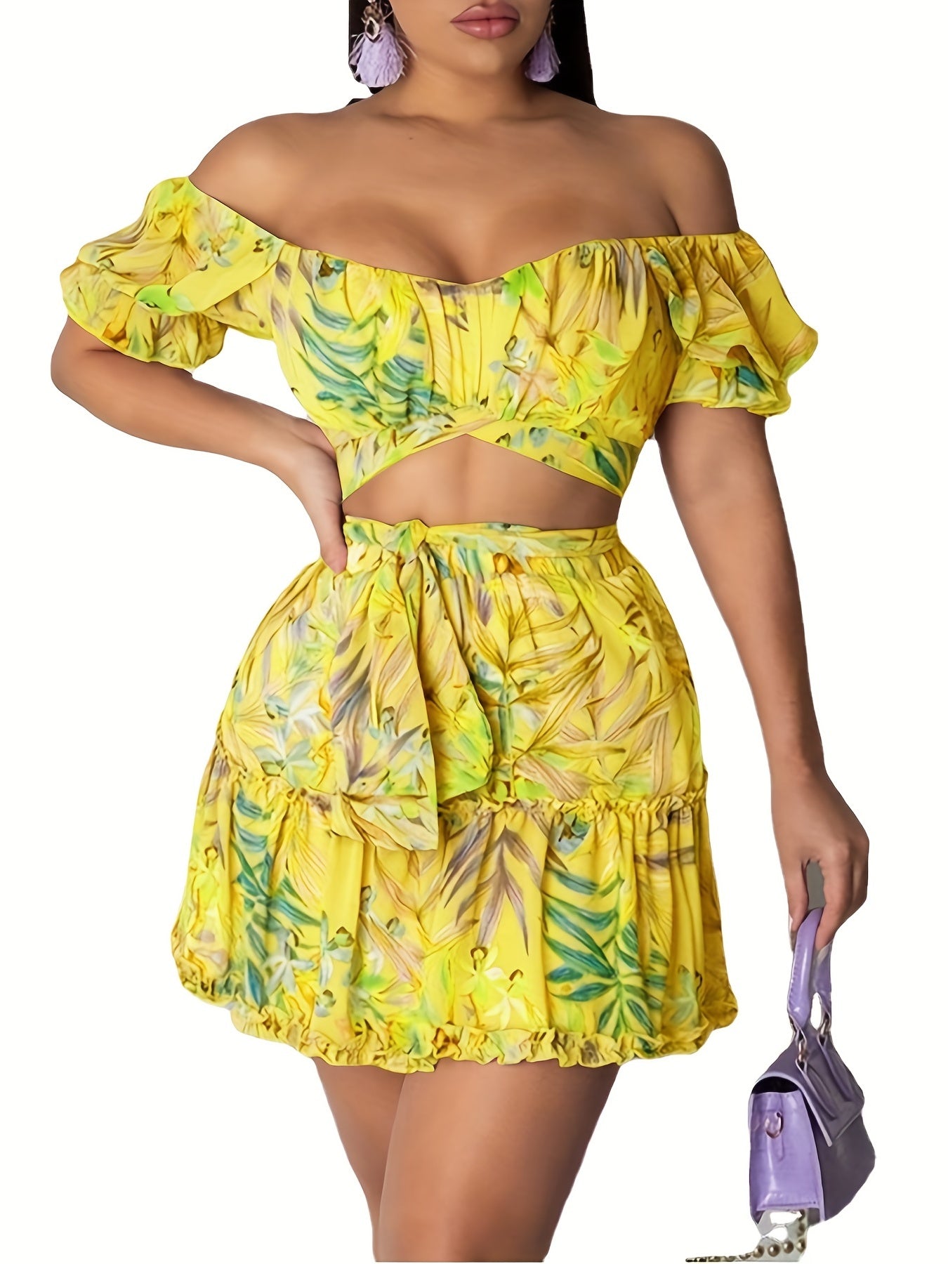 xieyinshe Plants Print Casual Two-piece Set, Off Shoulder Short Sleeve Tops & Lettuce Trim Skirts Outfits, Women's Clothing