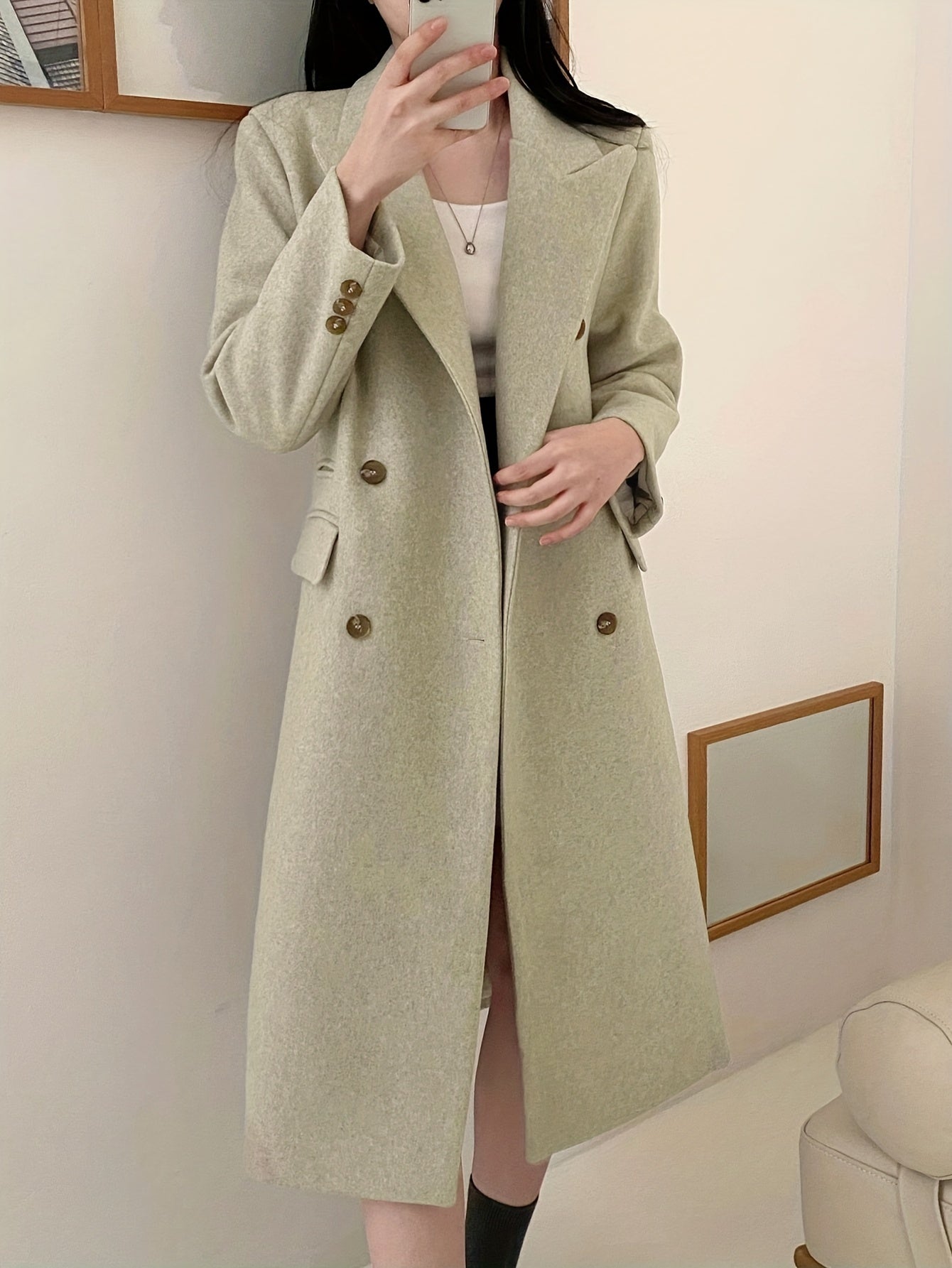 xieyinshe  Solid Color Double-breasted Coat, Casual Long Sleeve Lapel Coat For Fall & Winter, Women's Clothing