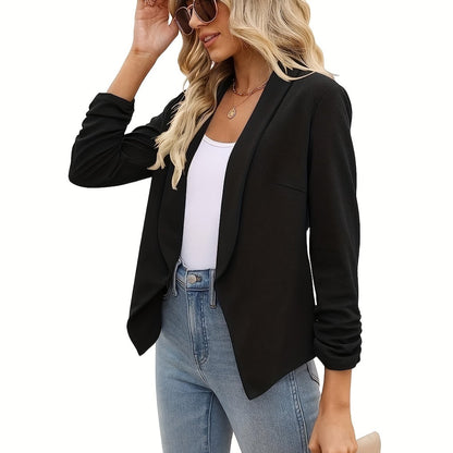 Ruched Solid Blazer, Casual Open Front Work Office Outerwear, Women's Clothing